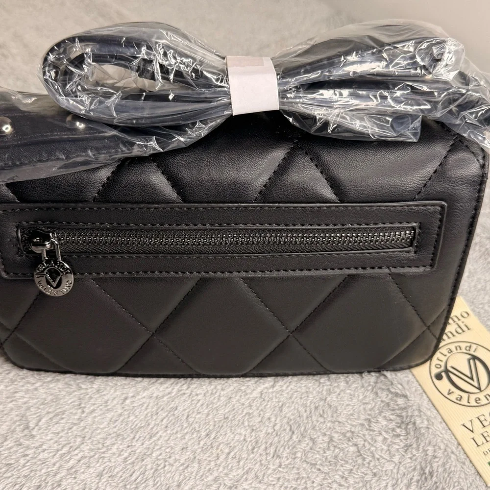 Valentino Orlandi Quilted Crossbody Bag Black Vegan Leather Gunmetal NWT